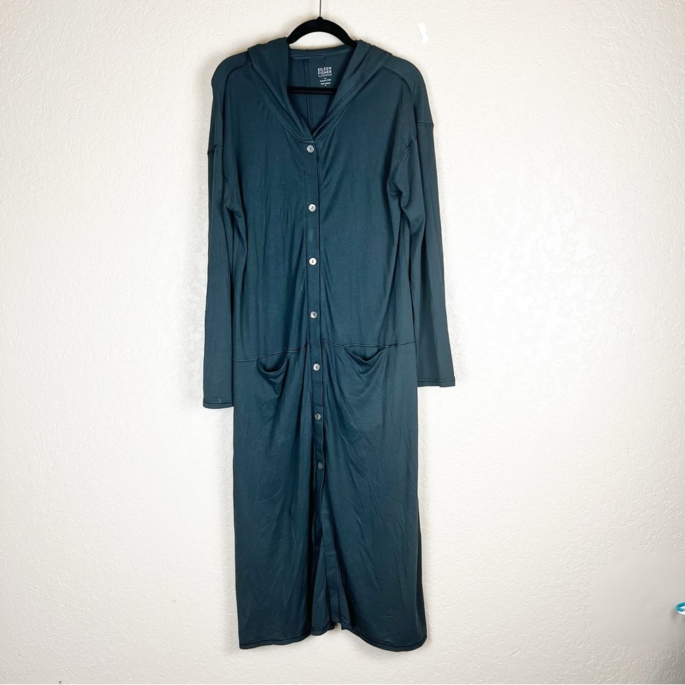 Eileen Fisher button-down hooded robe organic cotton Garnet Hill gray